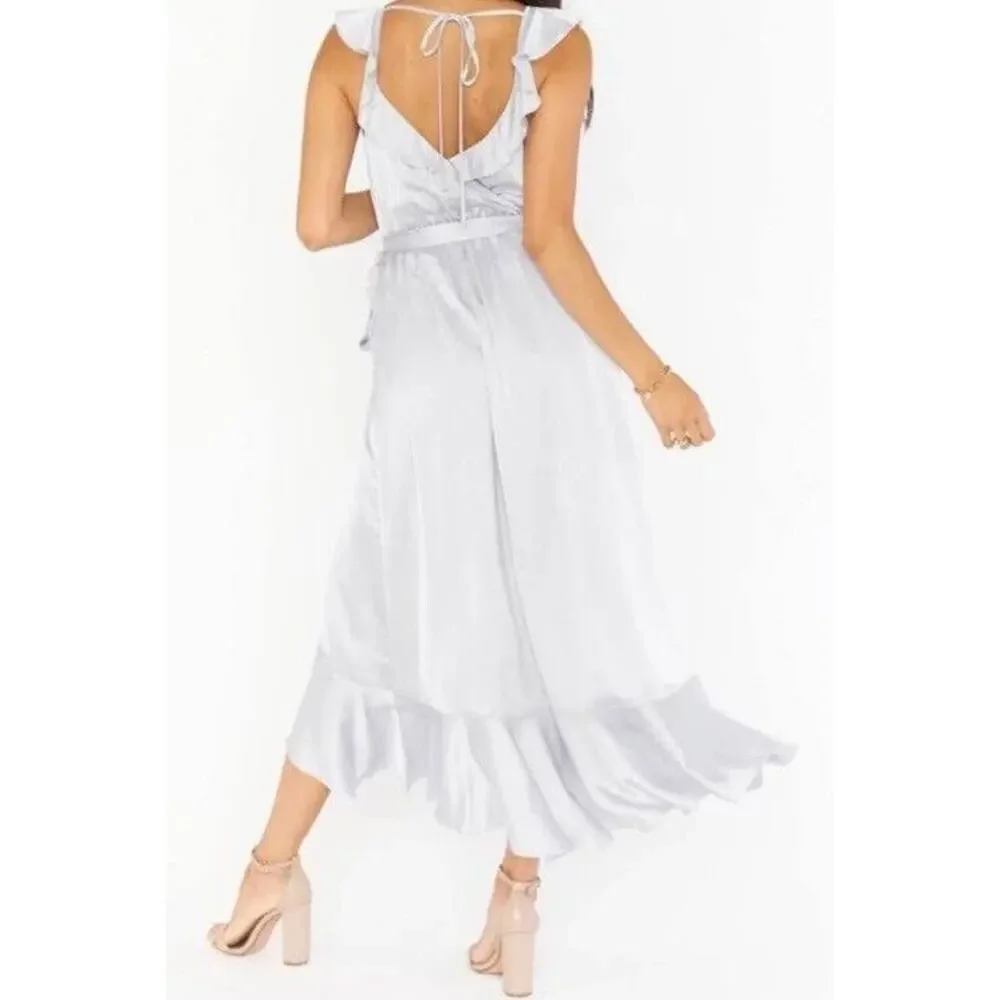 SHOW ME YOUR MUMU Samantha Flounce Ruffle Wrap Dress in Silver Luxe Satin Sz XS